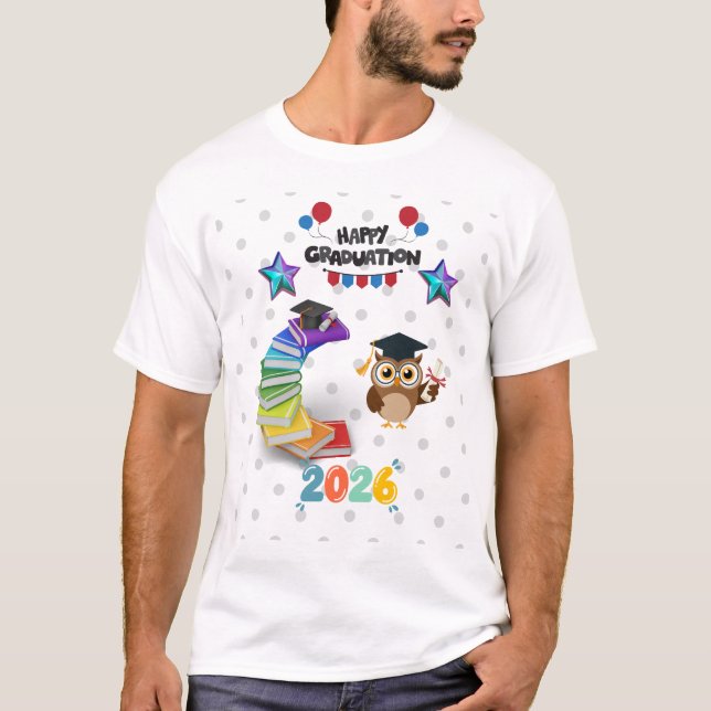 Camiseta Happy Graduation 2026 - Cute Owl & Books  (Frente)