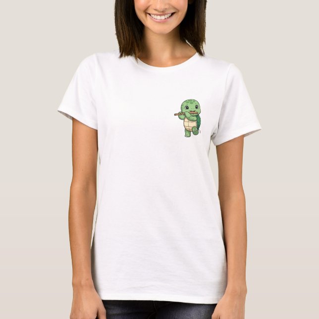 Camiseta Happy Green Turtle Playing Wooden Flute Instrument (Frente)