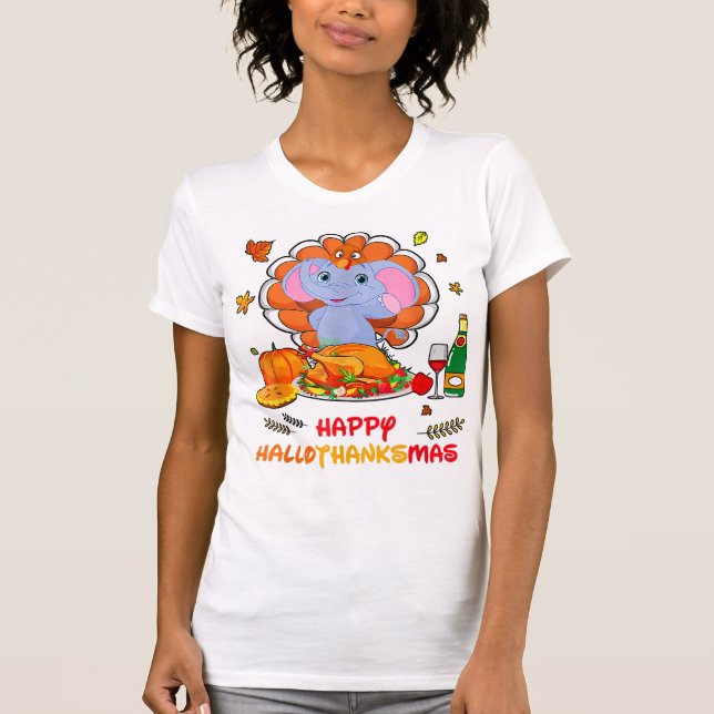 Camiseta Happy Hallo Elephant Bebendo Wine Obrigado, Presen (Frente)