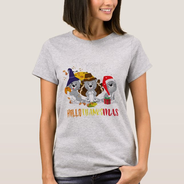 Camiseta Happy Hallothanksmas cats Halloween Christmas (Frente)