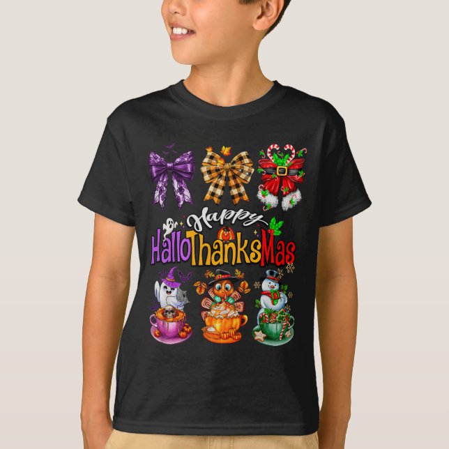 Camiseta Happy Hallothanksmas Coquette Bow Coffee Latte Can (Frente)