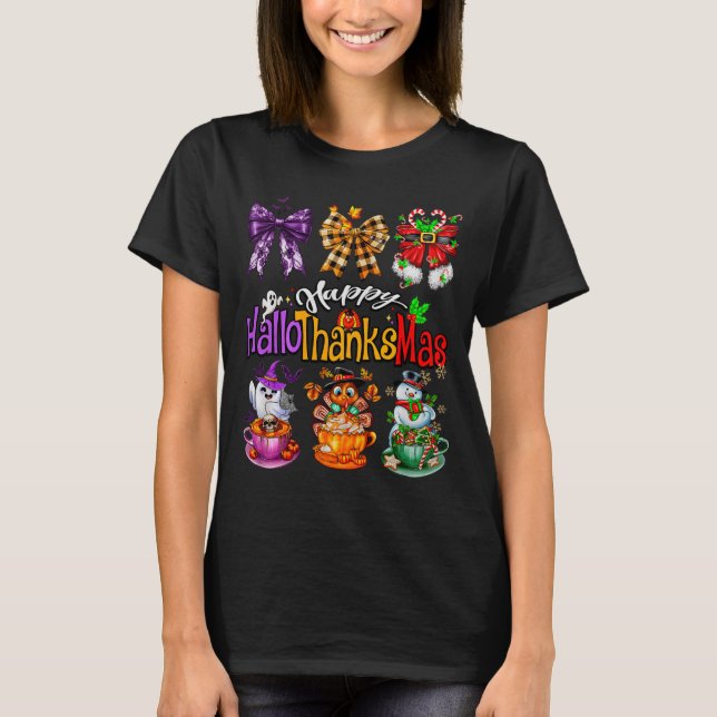 Camiseta Happy Hallothanksmas Coquette Bow Coffee Latte Can (Frente)
