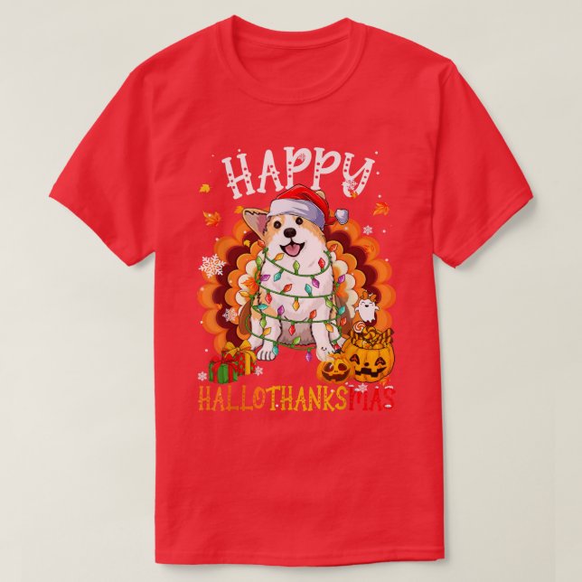 Camiseta Happy Hallothanksmas Corgi Thanksgiving Xmas  (Frente do Design)