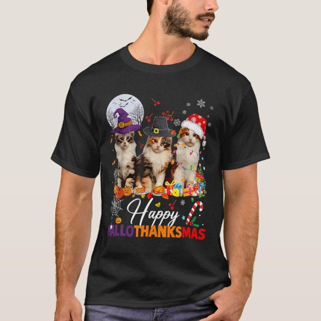 Camiseta Happy Hallothanksmas Cute Cats Halloween Thanksgiv (Frente)