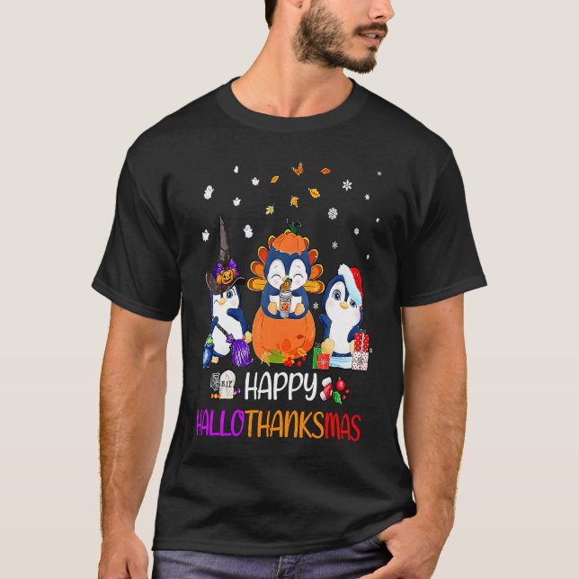 Camiseta Happy HalloThanksMas Fall Pumpkin  Penguin (Frente)