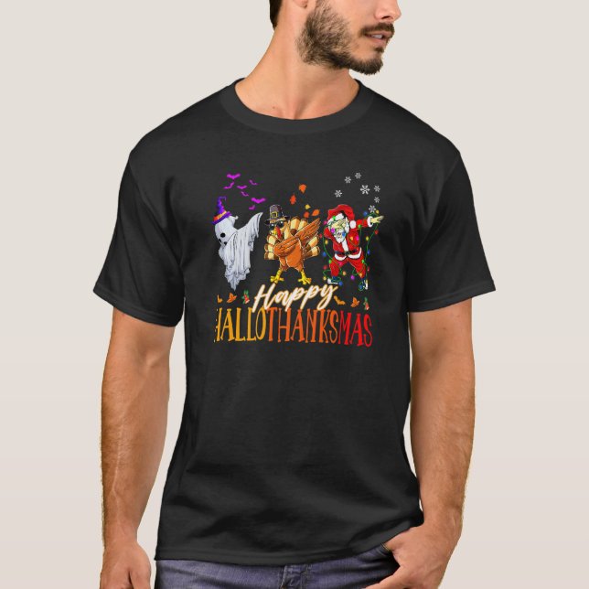 Camiseta Happy Hallothanksmas Family Cute Ghost Turkey Sant (Frente)