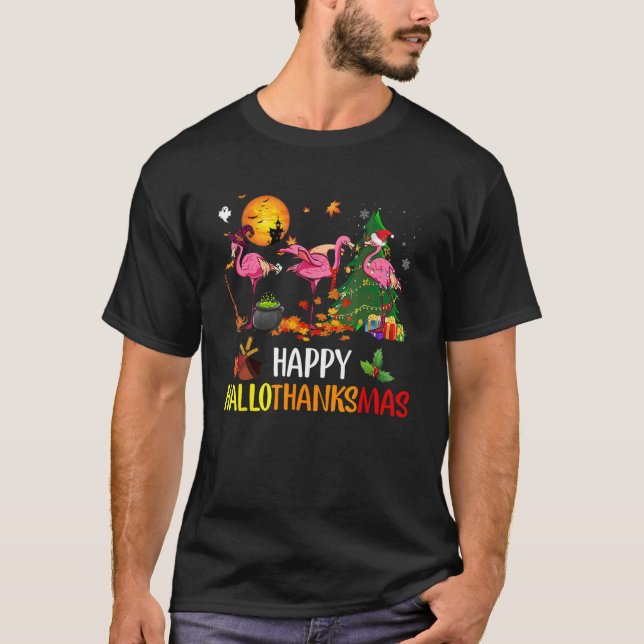 Camiseta Happy Hallothanksmas Flamingo Thanksgiving Xmas Ha (Frente)