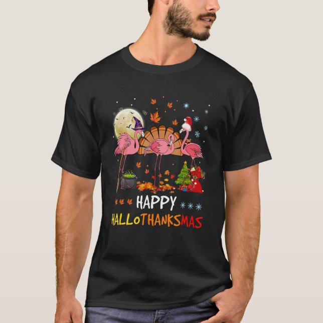 Camiseta Happy Hallothanksmas Flamingo Thanksgiving Xmas Ha (Frente)