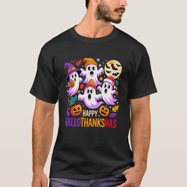 Camiseta Happy Hallothanksmas Ghosts And Pumpkins Swea (Frente)