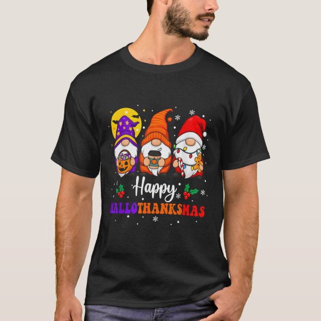 Camiseta Happy Hallothanksmas Gnomos Lover Feliz das Bruxas (Frente)