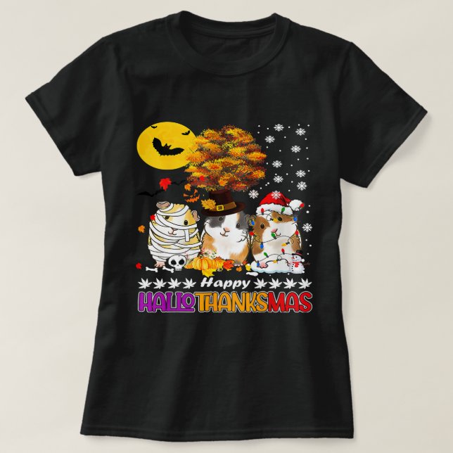 Camiseta Happy Hallothanksmas Guiné Pig Halloween Thanksgi (Frente do Design)
