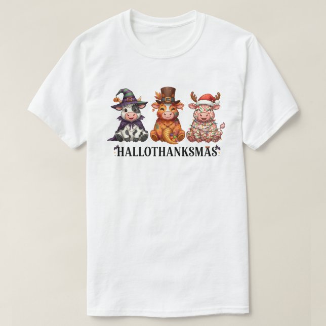 Camiseta Happy Hallothanksmas Highland Cow (Frente do Design)