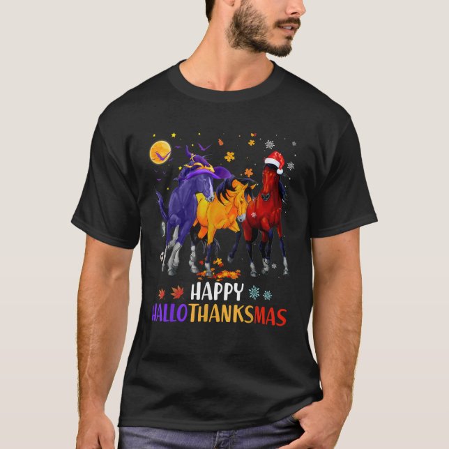 Camiseta Happy Hallothanksmas Horse Halloween Thanksgiving  (Frente)
