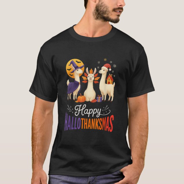 Camiseta Happy Hallothanksmas Llamas Halloween Thanksgiving (Frente)