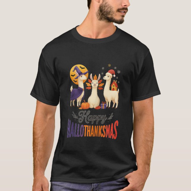 Camiseta Happy Hallothanksmas Llamas Halloween Thanksgiving (Frente)