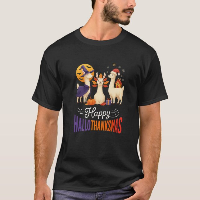 Camiseta Happy Hallothanksmas Llamas Halloween Thanksgiving (Frente)