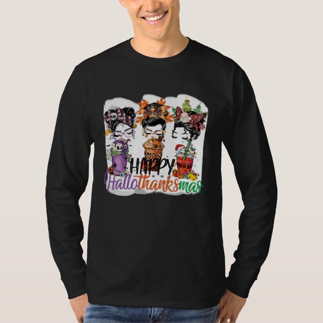 Camiseta Happy Hallothanksmas Messy Bun Halloween Thanksgiv (Frente)