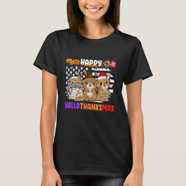 Camiseta Happy Hallothanksmas Otter  Thanksgiving Christmas (Frente)