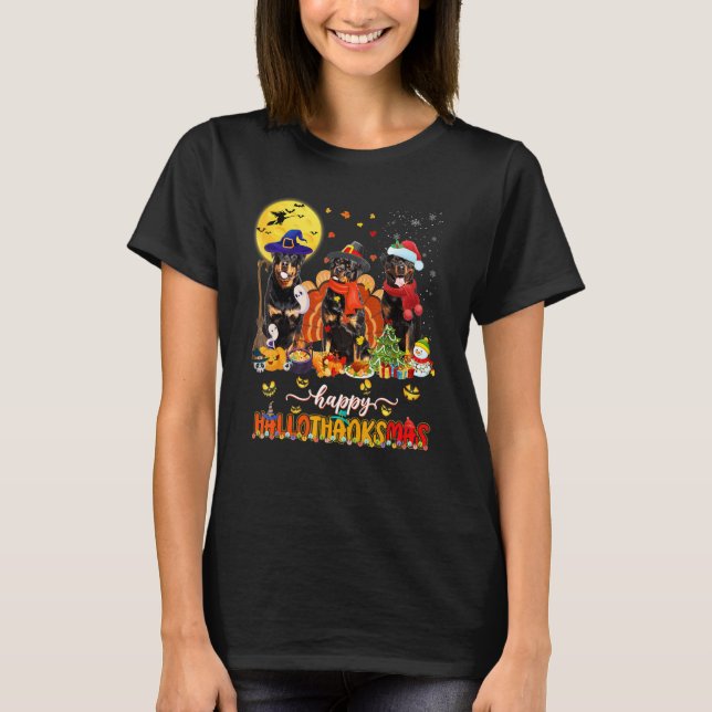 Camiseta Happy Hallothanksmas Rottweiler Wizard Hat Turkey  (Frente)