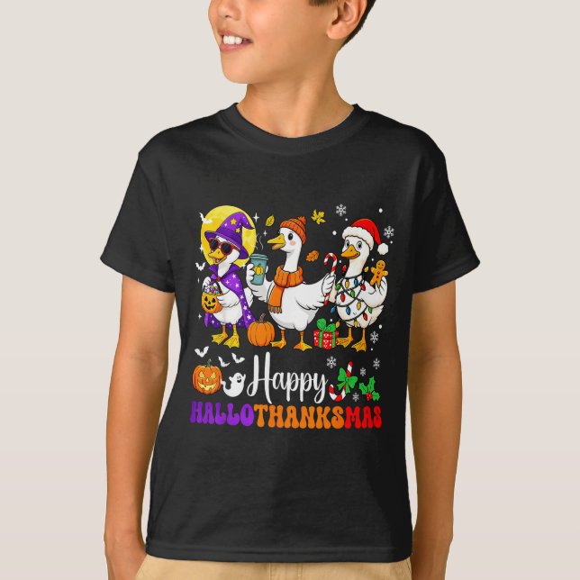 Camiseta Happy Hallothanksmas Santa Goose Witch Soky Season (Frente)