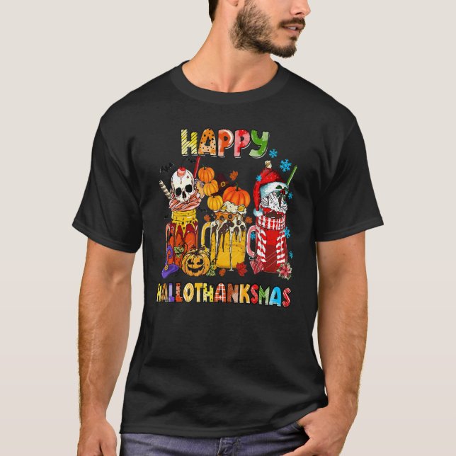 Camiseta Happy Hallothanksmas Skeleton Coffee Latte Santa C (Frente)