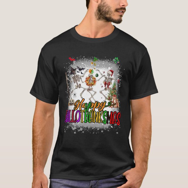 Camiseta Happy Hallothanksmas Skeleton Halloween Thanksgivi (Frente)
