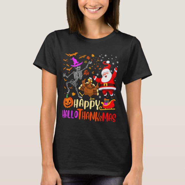 Camiseta Happy Hallothanksmas Skeleton Pumpkin Turkey Santa (Frente)