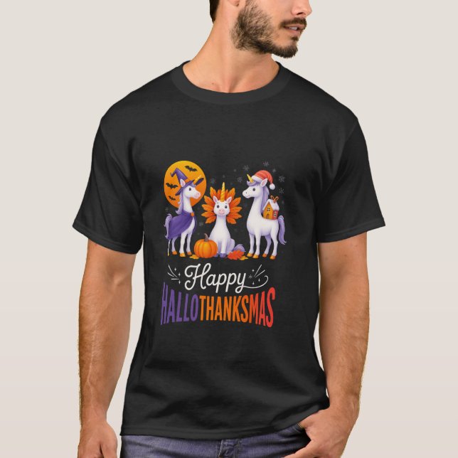 Camiseta Happy Hallothanksmas Unicorns Halloween Thanksgivi (Frente)