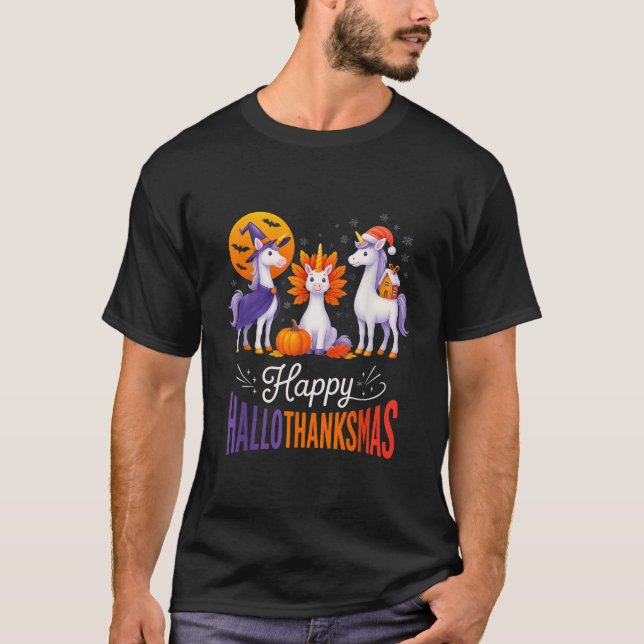 Camiseta Happy Hallothanksmas Unicorns Halloween Thanksgivi (Frente)