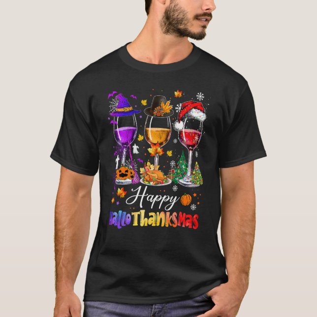 Camiseta Happy Hallothanksmas Wine Glasses Witch Santa Hat  (Frente)