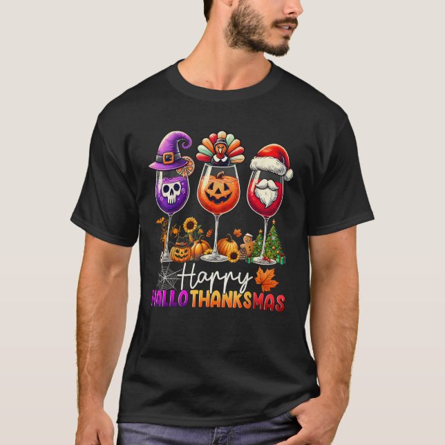 Camiseta Happy Hallothanksmas Wine Halloween Thanksgiving C (Frente)