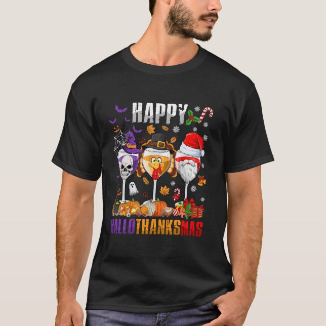 Camiseta Happy Hallothanksmas Wine Halloween Thanksgiving C (Frente)