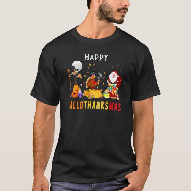 Camiseta Happy HalloThanksMas Witch Turkey Santa Three Holi (Frente)