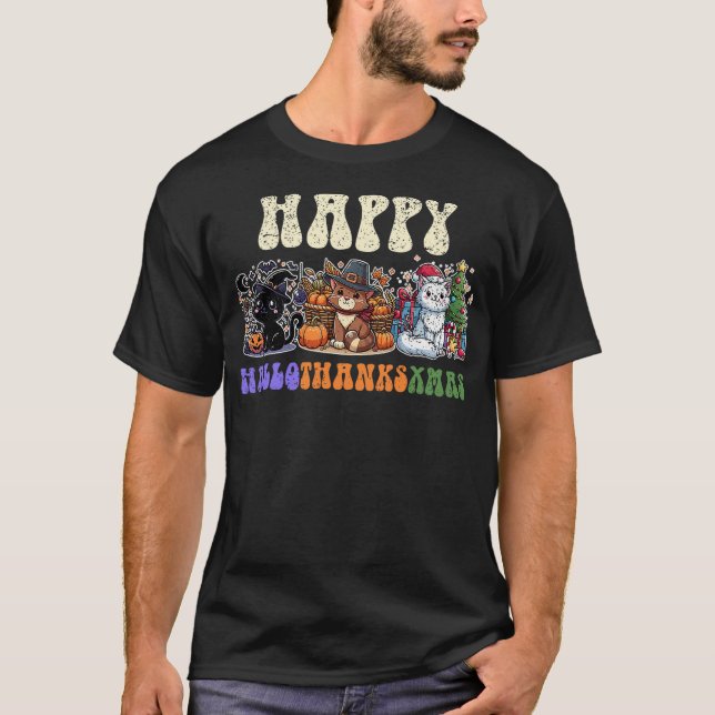 Camiseta Happy Hallothanksxmas Cat Halloween Thanksgiving C (Frente)
