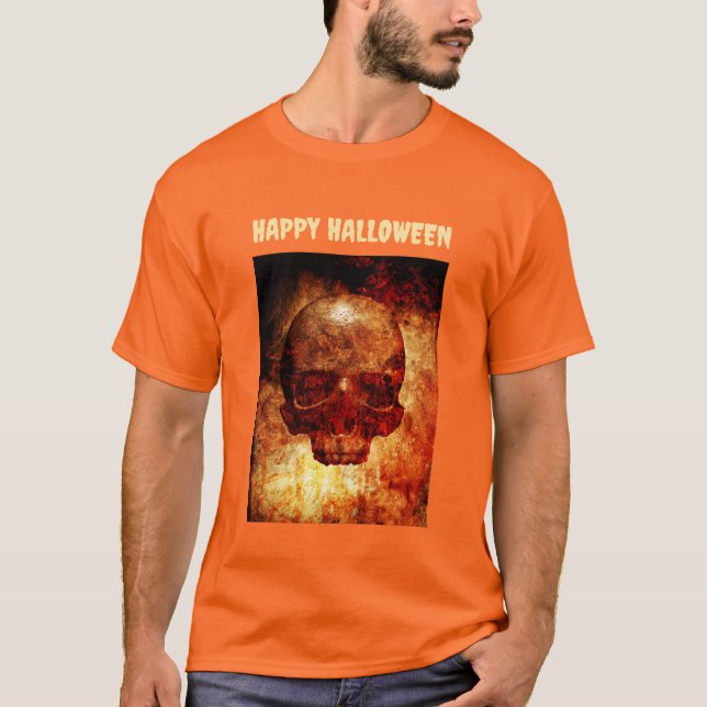 Camiseta Happy Halloween. 3D human skull. (Frente)