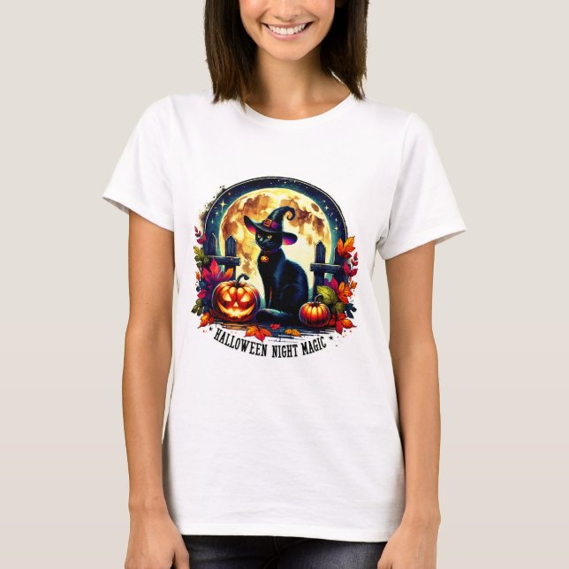 Camiseta "Happy Halloween" Black Cat & Moon Shirt (Frente)