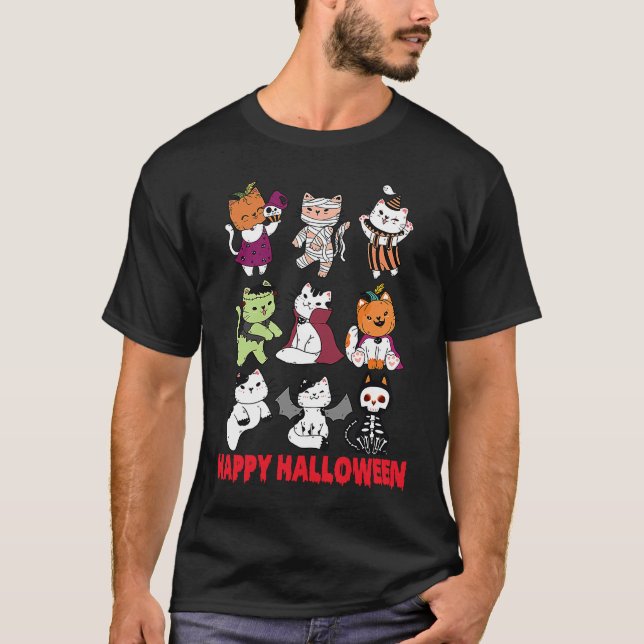 Camiseta Happy Halloween Cat Characters Mummy Dracula Bat S (Frente)