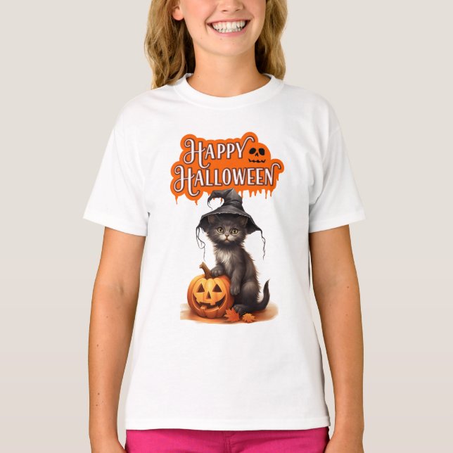Camiseta Happy Halloween Cat T-Shirt – Cute Black Cat Desig (Frente)