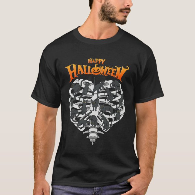 Camiseta Happy Halloween Cool Black Cats Humor Skeleton (Frente)