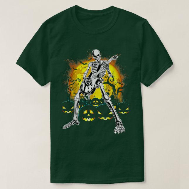 Camiseta Happy Halloween Funny Skeleton Playing Guitar Pump (Frente do Design)