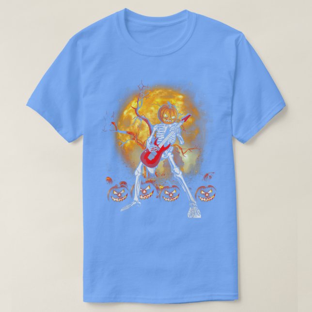 Camiseta Happy Halloween Funny Skeleton Playing Guitar Pump (Frente do Design)