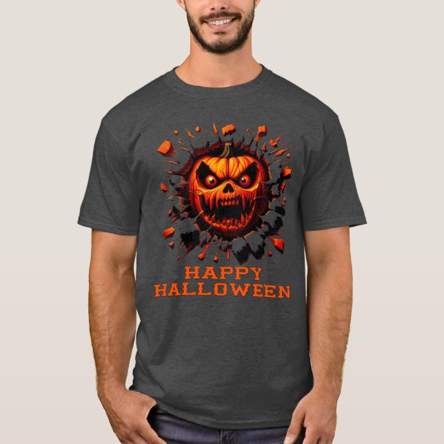 Camiseta Happy Halloween Pumpkin Smashing Through T-Shirt (Frente)