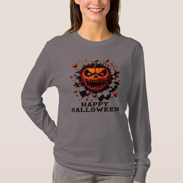 Camiseta Happy Halloween Pumpkin Smashing Through T-Shirt (Frente)