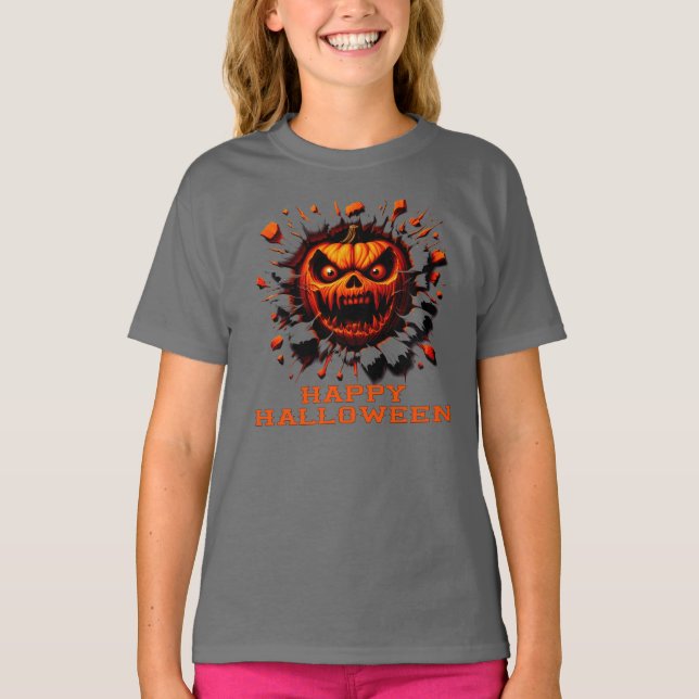 Camiseta Happy Halloween Pumpkin Smashing Through T-Shirt (Frente)