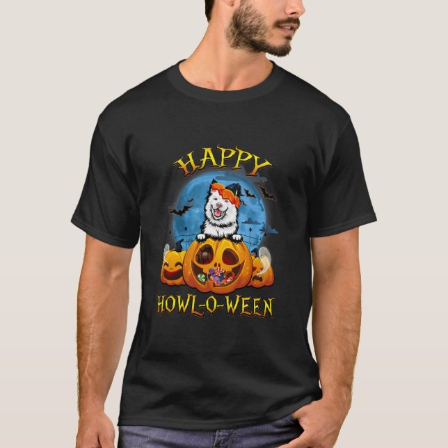 Camiseta Happy Halloween Samoyed With Moon Pumpkin Dog (Frente)