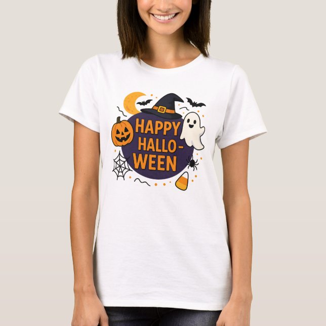 Camiseta Happy Halloween Spooky Night . Funny Pumpkin (Frente)