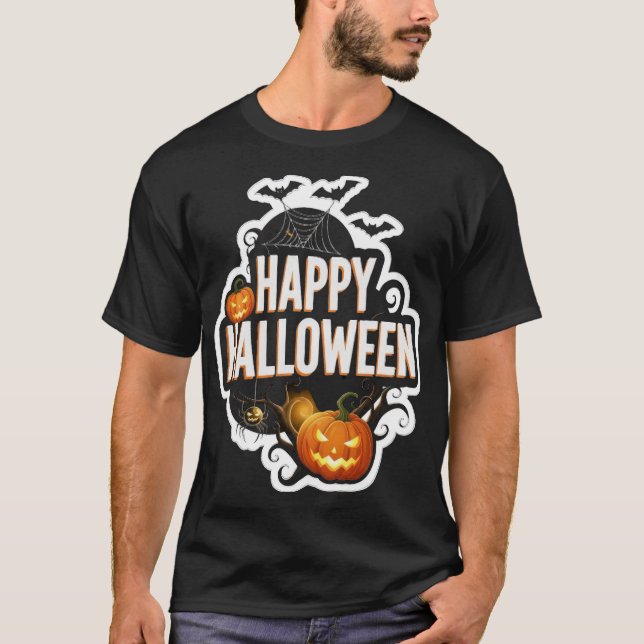 Camiseta Happy Halloween text with spooky pumpkins bats and (Frente)