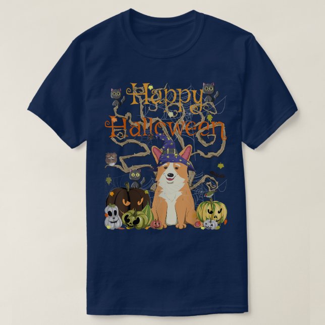 Camiseta Happy Halloween Witch Corgi Cats Pumpkin Cute Jack (Frente do Design)