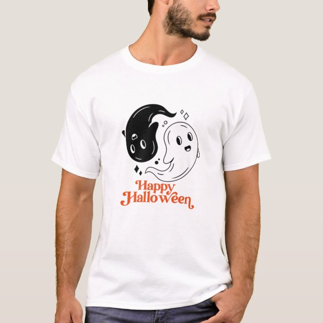Camiseta Happy Halloween Yin And Yang Black And White Ghost (Frente)
