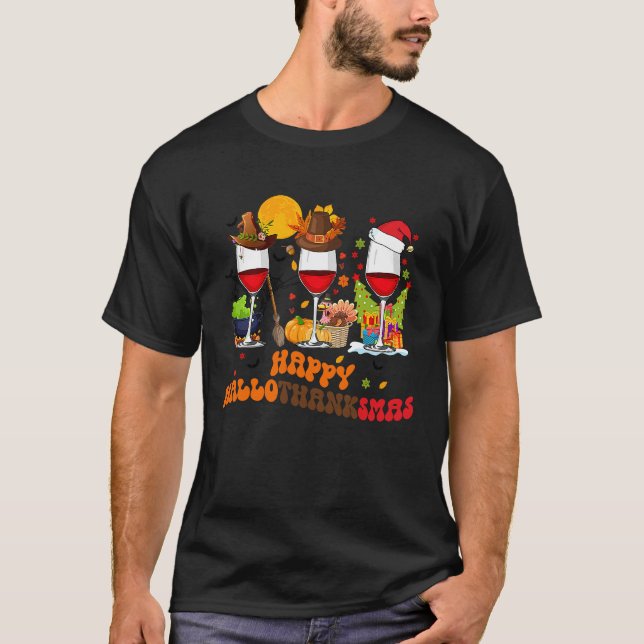 Camiseta Happy Halothanksmas Wine Glasses Drinking  Christm (Frente)